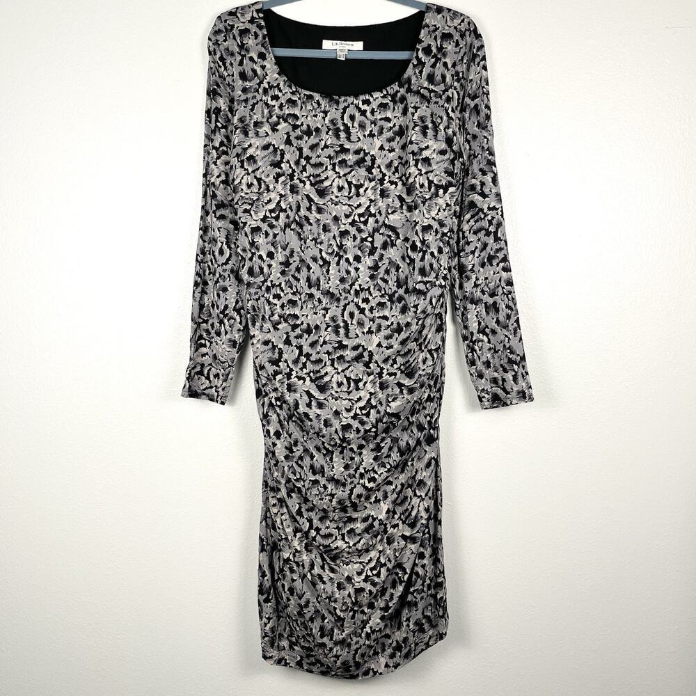 L.K. Bennett Size 12 US 16 UK Gray Animal Print Long Sleeve Ruched Sheath Dress